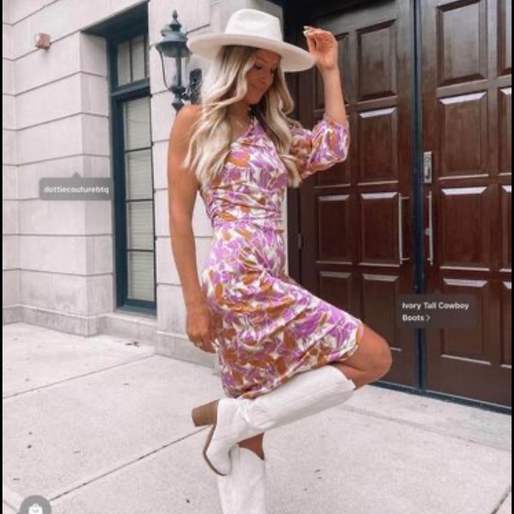 Purple Printed Satin One Shoulder Dress